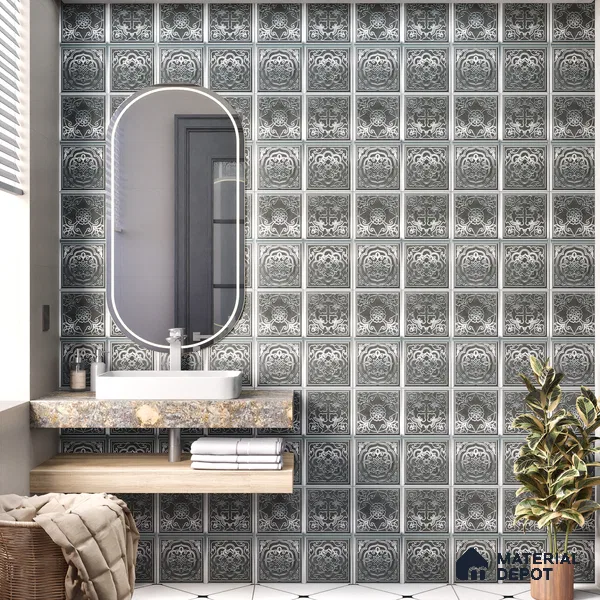 Metallic Wall Tile TL 07235 B Silver Royale 1 ft x 1 ft Ceramic Matte Finish - 9 mm  | 2 mm Spacer is Mandatory | Suitable For Bathroom, Kitchen, Dining Area | Please Expect a Slight Variation of Pattern (Sample)